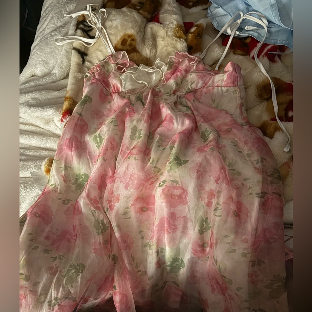 Floral Pink and White Dress with Spaghetti Straps